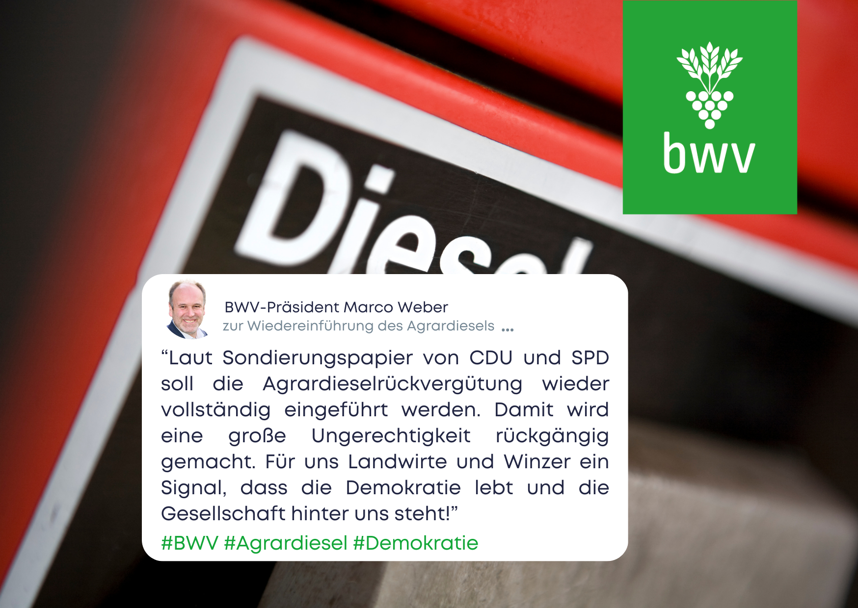 BWV-Präsident Weber zur Wiedereinführung des Agrardiesels